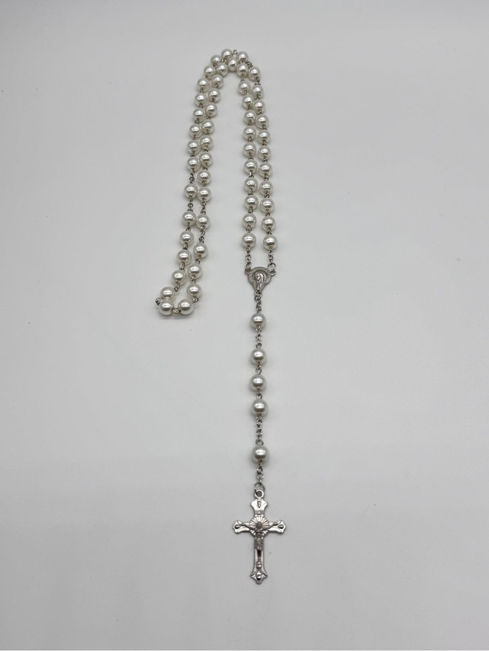 New White Pearl Rosary Beads Catholic Prayer Necklace Silver Crucifix 22"